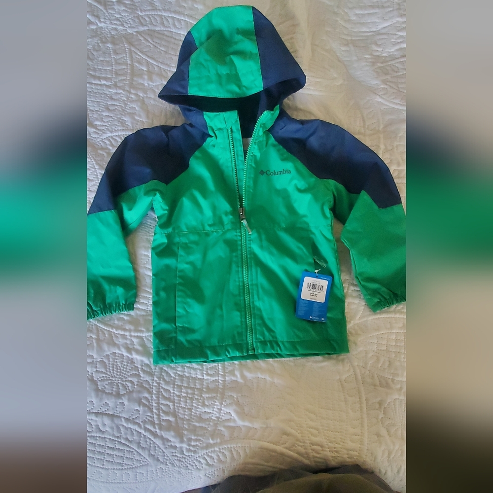 Kids columbia xxs New rain jacket lined blue and green
